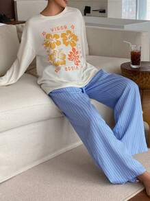 DAZY Floral Print Relaxed Vacation Style Lightweight Knit Top & Striped Straight Leg Pants Women Pajama Set - Beige - View 4