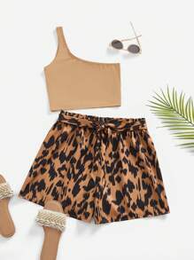 SHEIN VCAY Summer Women One Shoulder Top & Graphic Print Belted ShortsTwo Piece Set - Coffee Brown - View 1