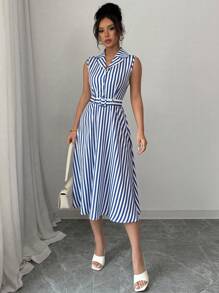Elenzga 女式夏季无袖条纹连衣裙 - 藏蓝色 - 查看 4