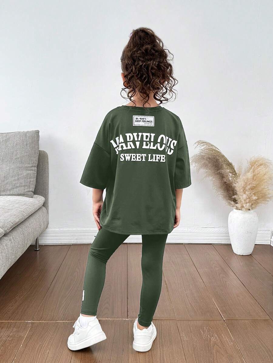 Young Girls & Young Girl Casual Matching Mother-Daughterl 2pcs/Set Letter Print Dropped Shoulder Round Neck T-Shirt And Pants, Casual Outfit, Great For Casual & Daily Wear & School Daily In Spring And Autumn,Valentine's Day,Mom And Daughter Matching,Sister And Me Matching