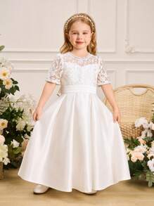 SHEIN Glamorique Kids Girls White Satin Floral Puff Sleeve Princess Pageant Dress, Cute & Sweet For Holiday/Wedding - White - View 1