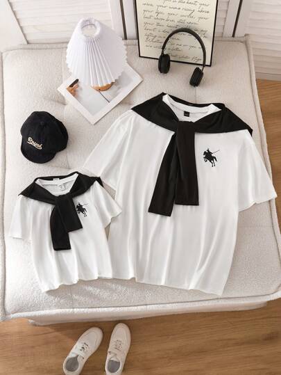 男士休闲舒适学院风蝙蝠袖短袖圆领T恤，日常穿着。爸爸和我的同款T恤单独出售