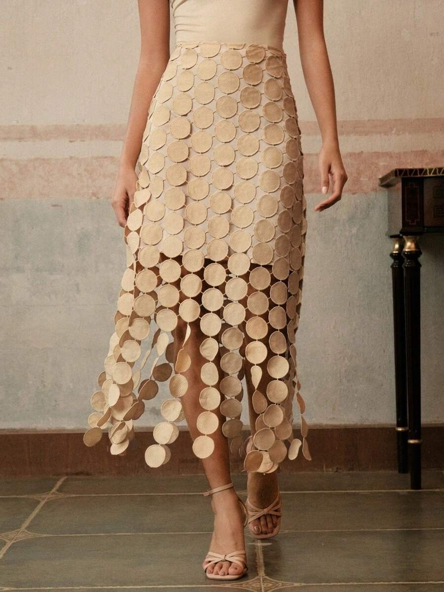 Anewsta Laser Cut Multi Circle Double Layered Skirt Women Skirt - Camel - View 1