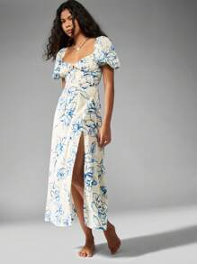 MISSGUIDED Hoa hầu gái Áo nịt ngực Midi Váy phồng tay áo Mùa hè Khách dự đám cưới xẻ tà Người yêu Đường viền cổ áo Sân vườn Bữa tiệc trà Mùa xuân - Xanh và trắng - Xem 6