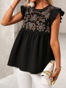 Breezaya Women's Casual Resort Embroidered Cap Sleeve Loose Blouse - Black - View 7