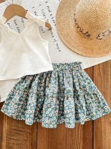 SHEIN LMoss Kids LMoss 女婴针织纯色吊带背心 + 印花雪纺迷你裙 2 件套 - 綠色 - 查看 5