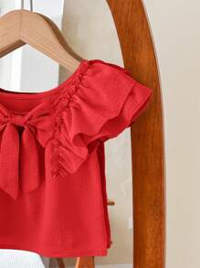 SHEIN LMoss Kids LMoss Babygirl Summer Vacation Cute Solid Color Ruffle Trim Blouse - Red - View 6