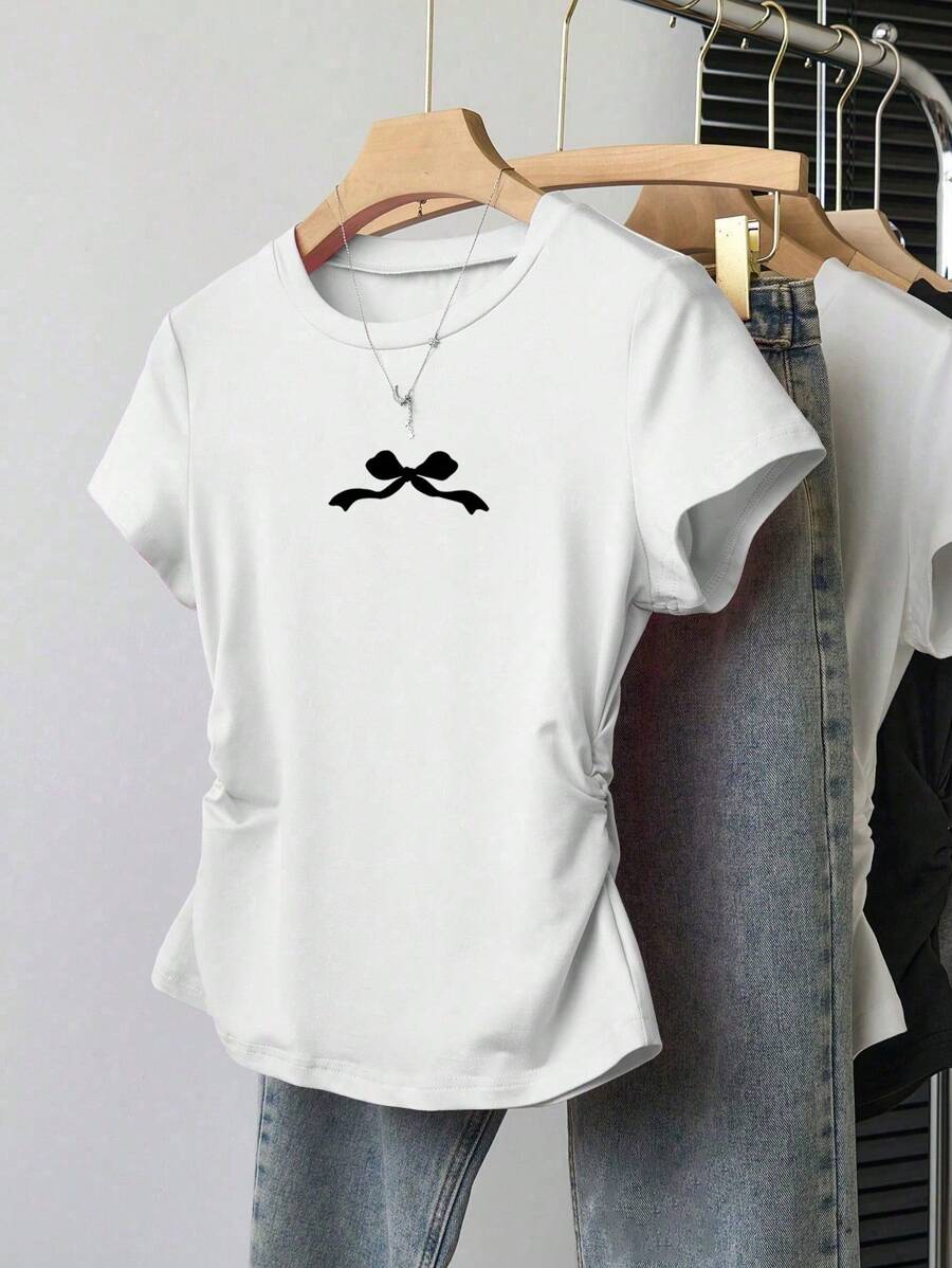 Teen Girls' Casual Versatile Simple Black Bow Print Short Sleeve T-Shirt - White - View 1