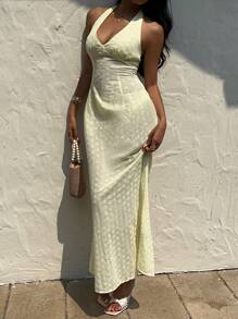 Lyxana Váy hở lưng gợi cảm hở lưng màu vàng, xẻ cao, cổ chữ V, vừa vặn thanh lịch mùa xuân/hè - Màu vàng - Xem 3