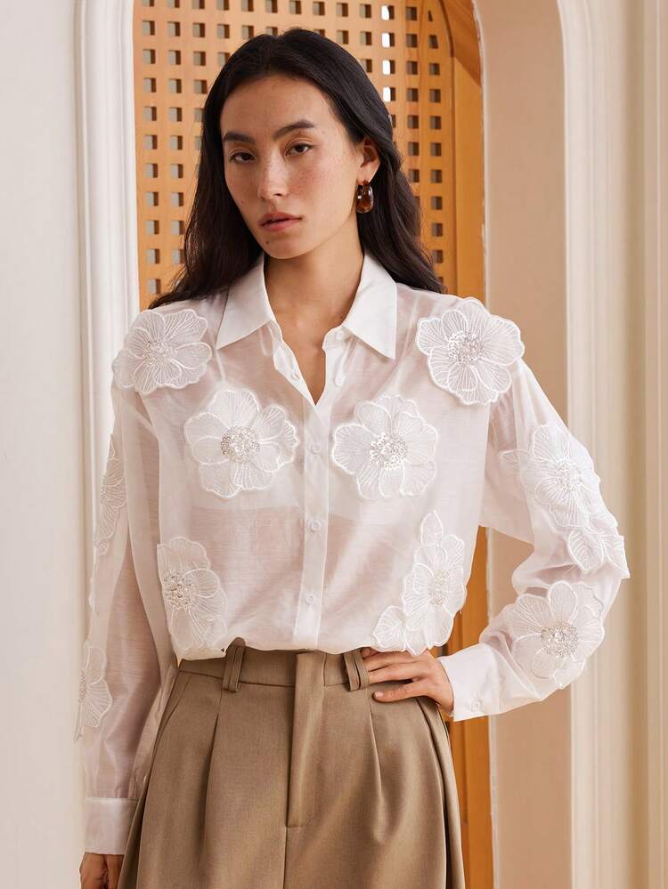 Sheer Mesh Floral Beaded & Sequin Embellished Blouse, Business Casual Resort Wear Long Sleeve Top For Women, Spring/Summer,Fall Women Clothes