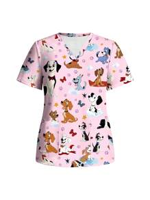PopScrub Casual Cute Cartoon Puppy Print Scrub Top, Suitable For Summer, Plus Size - Multicolor - View 5
