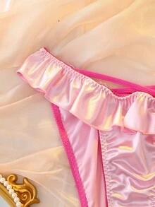 سروال داخلي مثلث لامع من الساتان بطية مكشكشة وأشرطة متباينة اللون كيوت للنساء - وردي - مشاهدة 3