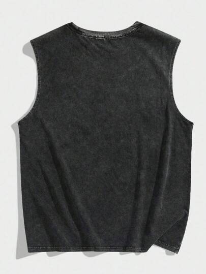 Street Life Camiseta sin mangas de cuello redondo con estampado de persona y letras lavada para hombre de verano