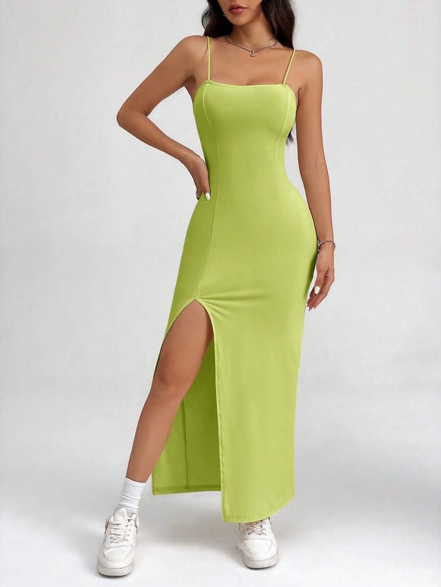 SHEIN PETITE Women's Solid Color High Slit Strap Black Long Skirt Dress - Green - View 1