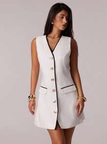 SHEIN Forever 21 Neues Sommerkleid für Damen im V-Ausschnitt mit schwarz-weißem Farbkontrast und Metallknöpfen, Kurzarmkleid für den Alltag