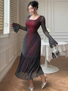 DAZY 新款优雅透明网眼中长连衣裙，女式，夏季，荷叶边 - 黑色 - 查看 5