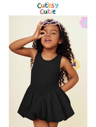 SHEIN Young Girl Fashion Solid Color Patchwork Round Neck Fitted Woven Dress