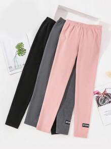 SHEIN 女大童3入組字母補丁細節加絨內裏緊身打底褲 - 彩色 - 查看 1