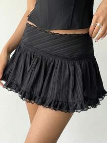 Aloruh Women's Solid Color Lace Patchwork Side Zipper Casual Summer Skirt - Black - View 6