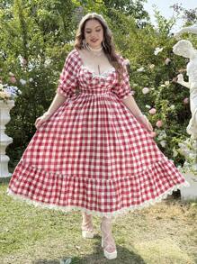 Flirla Romantic Girl's Red Plaid Short Sleeve Mini Dress - Red - View 4