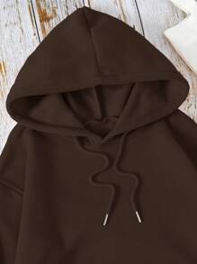INAWLY Women Solid Color Drawstring Hooded Fleece Sweatshirt, Casual For Autumn/Winter Pullover Fall - Brown - View 4