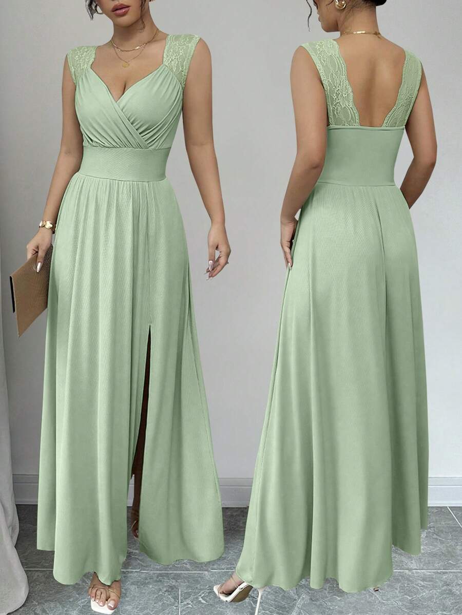 Rafferiza French Elegant Quality Lace Trim V-Neck Criss-Cross Ruched Waist Sleeveless A-Line Split Khaki Long Dress For Casual, Party, Wedding Use, Spring/Summer - Mint Green - View 1