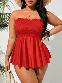 Swim Lushoire Plus Size Women Red Shirred Around Bandeau High Waisted Tankini Swimsuit For Summer Beach Vacation - Red - View 6