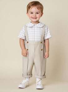 SHEIN Leap Crew 2 pièces/set Chemise casual à col claudine et salopette pour bébé garçon dans un style élégant, convient pour les occasions de printemps/été comme les anniversaires, baptêmes, 1er anniversaire, cérémonies, représentations, mariages