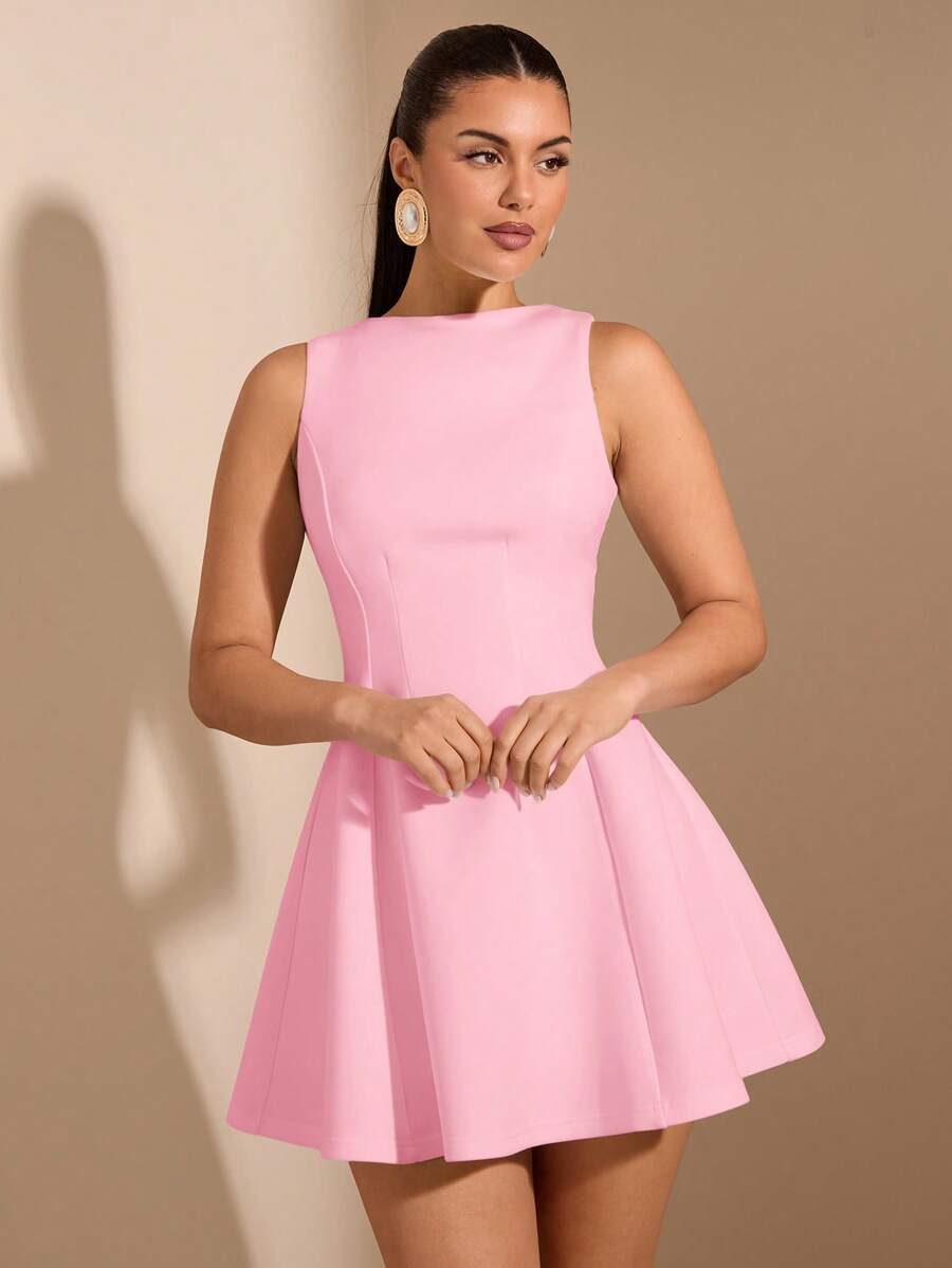 SHEIN BAE 女士纯色无袖腰部修身喇叭优雅连衣裙，适合秋季约会 - 珊瑚粉 - 查看 1