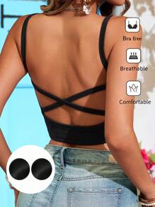 Vivid Eden 夏季度假塑身衣露背紧身圆领加厚透气吊带背心上衣，夏季服装，度假风格，适合海滩度假 - 黑色 - 查看 6