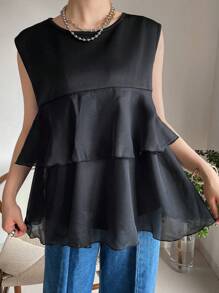 FRIFUL Women's Layered Ruffle Hem Sleeveless Casual Solid Color T-Shirt, Summer - Black - View 7