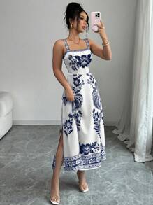Elenzga Women's Summer Locational Printed Spaghetti Strap A-Line Dress - Navy Blue - View 3