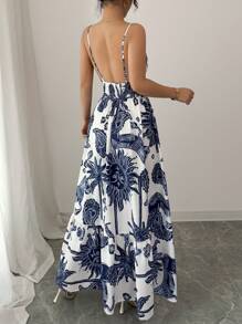 Elenzga Sukienka damska w kolorze niebiesko-białym z nadrukiem graficznym, ściągana w talii, z odkrytymi plecami i ramiączkami, swobodny styl wakacyjny - Niebieski i biały - Zobacz 2