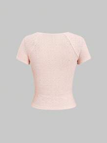 Sweetra Women's Lace Raglan Sleeve Crew Neck Ruched Decor Solid Color Slim Fit T-Shirt, Fashionable European Style, Suitable For Spring/Summer - Baby Pink - View 2