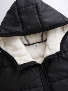 SHEIN Leap Crew 青少年男孩休闲韩版保暖内衬连帽前拉链厚派克大衣 - 黑色 - 查看 4