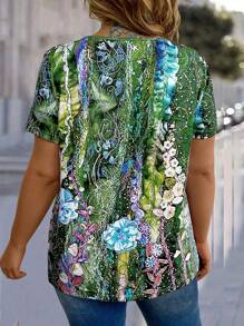 EMERY ROSE Plus Size Flower Printed Elegant Short Sleeve T-Shirt With Button Design Graphic Tees Women Tops - Multicolor - View 2