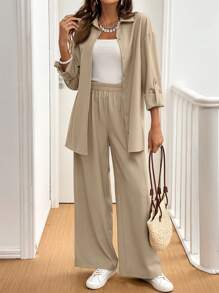 SHEIN Frenchy 2 件套女士休闲纯色卷袖长衬衫和裤子套装 - 杏色 - 查看 3