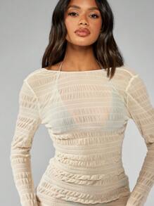 MISSGUIDED Ruched Textured Long Sleeve Mini Body-Conscious Party Dress Elegant Evening Gathered Club Night Out Dress Fall Winter Spring Fashion - Apricot - View 5