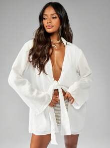 MISSGUIDED 轻质粗棉布海滩罩衫长袖度假服夏季和服裹身开衫系带前海滩装泳池度假家居服 - 白色 - 查看 3