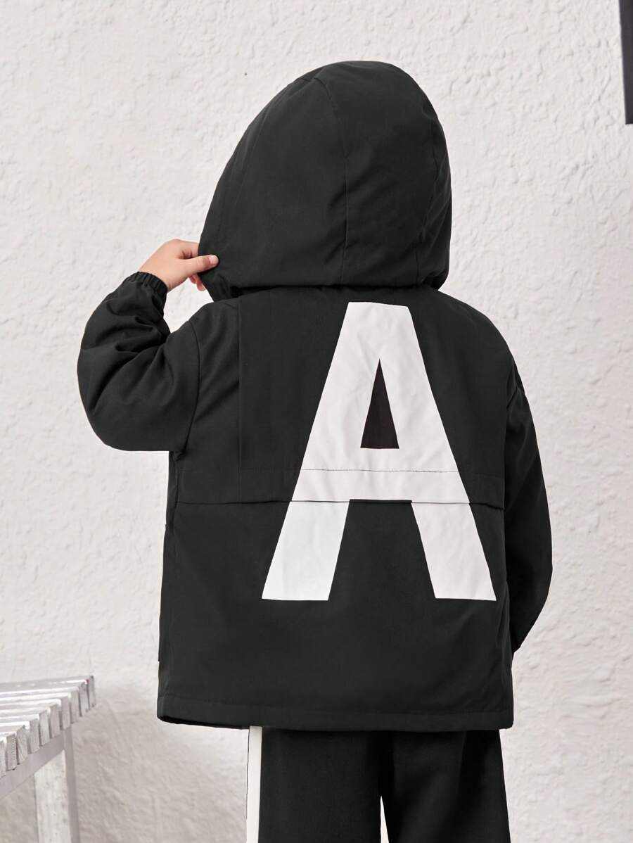 SHEIN 男小童字母圖案加絨內裏連帽外套