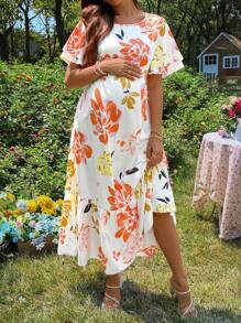 SHEIN Maternity Dress With Double Layer Ruffled Sleeves, Round Neck, Ruffled Hem Long Digital Print Dress - Multicolor - View 5