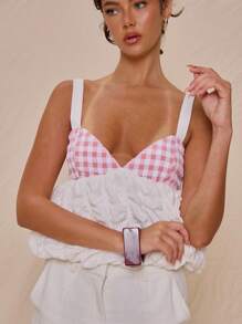MUSERA Spaghetti Strap Thick Strap Contrast Fabric Gingham Cute Elegant Puffball Top For Spring Summer Vacation Sweet Escape - Multicolor - View 4