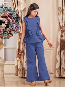 Tween Girls 2pcs Set Elegant Solid Ruffle Hem Camisole & Trousers, Summer,Holiday,Summer, Travel - Blue - View 5