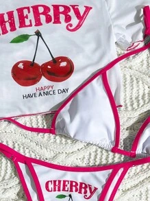 Swim Mod 3 件套女士冲浪板套装：细肩带樱桃字母印花比基尼泳衣，透明网眼圆领短袖罩衫
