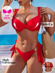 Swim DD+ Women's DD+ Sexy Push-Up Solid-Color Red Crisscross Twist Front Bikini Bikini Bottom For Summer Beach - Red - View 1