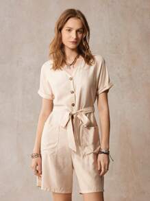 SHEIN LUNE Batwing Sleeve Dual Pocket Belted Romper - Apricot - View 5