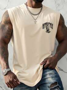 Manfinity EMRG Plus Size Men's Letter & Handprint Decor Casual Summer Tank Top - Khaki - View 2