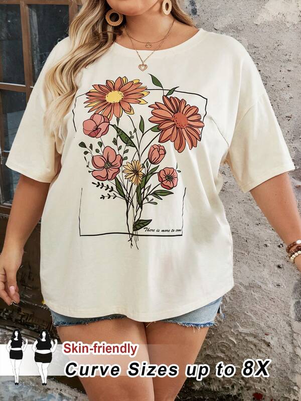 SHEIN CURVE+ Damen Große Größen Freizeit Rundhalspullover mit kurzen Ärmeln und weiter Passform, Muster T-Shirt im Urlaubsdesign, apricotfarben, Boho Urlaub