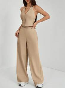 SHEIN PETITE Spring/Summer Office Lady V-Neck Sleeveless Top With Open Back & Wide Leg Pants, Slimming And Lengthening Outfit For Streetwear - Khaki - View 5