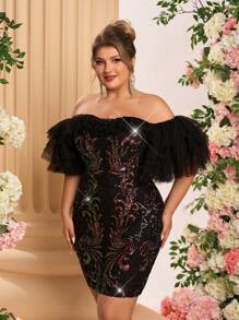 SHEIN Belle Plus Size Elegant Romantic Off Shoulder Ruffle Net Yarn Luxury Beaded Bodycon Cocktail Dress, Party Dress - Champagne - View 6